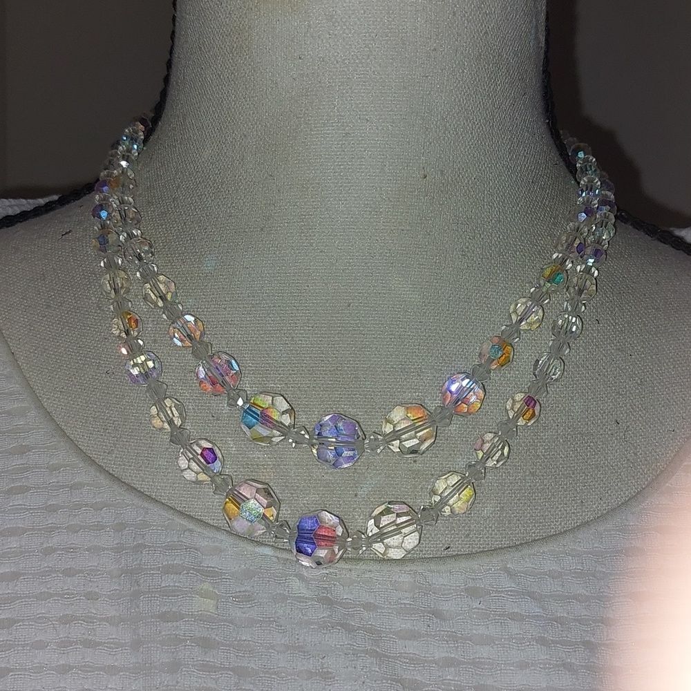 Vintage Aurora Borealis Glass Double Strands Graduated Choker Necklace